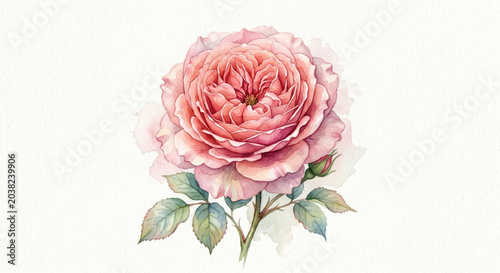 Watercolor pink rose with bud and green leaves flower