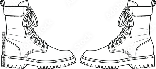 Foto Vector combat boots, rugged lace-up ankle boots, black and white illustration, f