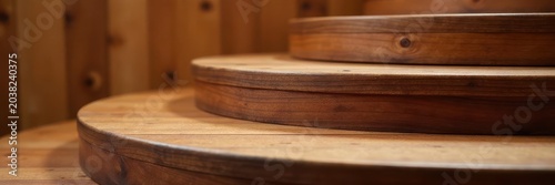 Abstract wooden step detail; rich brown tones, natural grain , plank, boarding