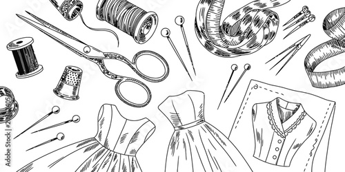 Quadro su tela sewing, fashion illustration, dressmaking tools, vintage style, 20s dress patter