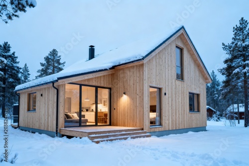 Modern scandinavian wooden cabin exterior with large windows in a snowy winter forest setting