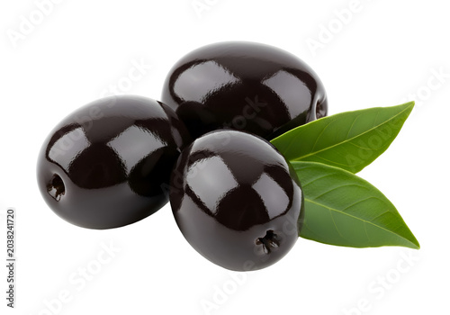 Fresh black olives with green leaf isolated on white background close-up still life on white background , Isolated on Transparent Background, PNG, Generative AI