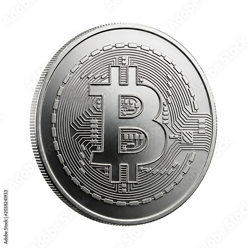 Shiny silver Bitcoin coin with circuit board design in bright lighting for cryptocurrency