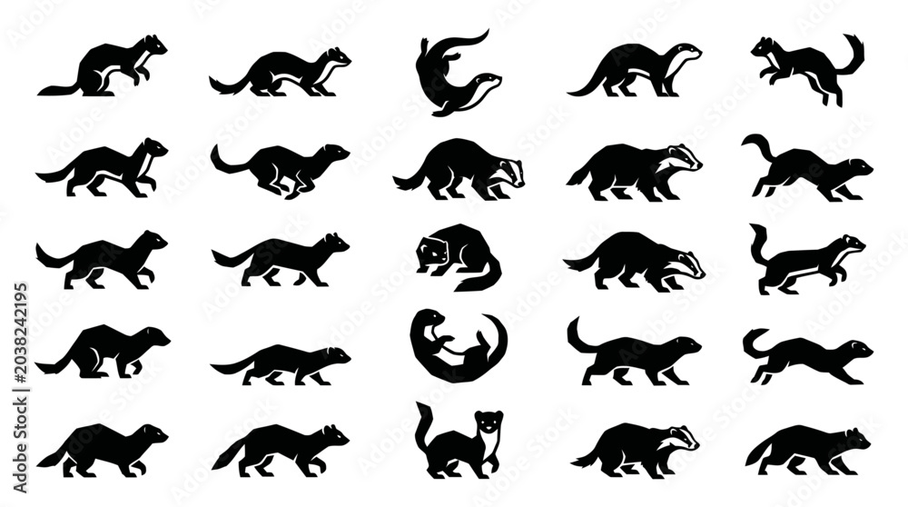 Obraz premium Dynamic collection of various mustelid animal silhouettes, featuring ferrets, badgers, weasels, otters, and minks in different action poses for design elements, 