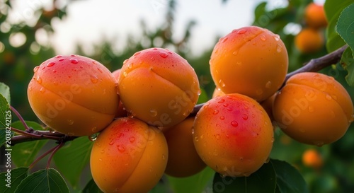 Ripe Apricots Hanging on a Tree Branch with Water Droplets.