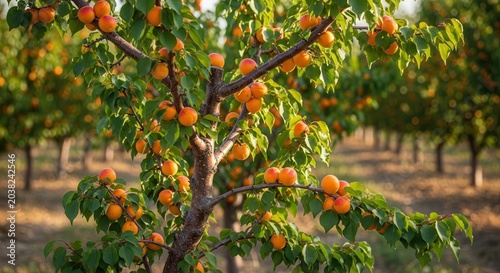 Ripe apricots hanging on a tree in a sunny orchard.