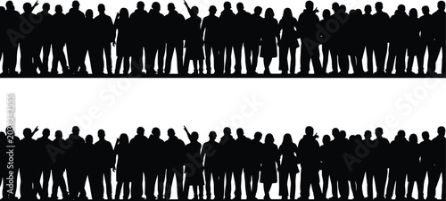 Schilderij op canvas Crowd people silhouette vector set, black white clipart of groups standing toget