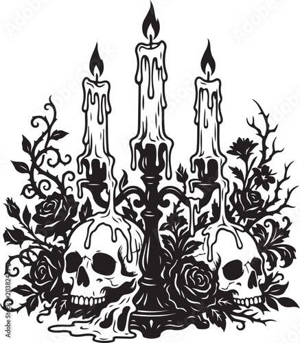 Gothic skulls, dripping candles, floral arrangement, black vector illustration, Halloween decorations