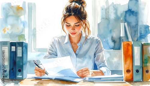Woman organizing paperwork at her desk with documents and folders showing a methodical professional focus in a calm watercolor office illustration generative AI