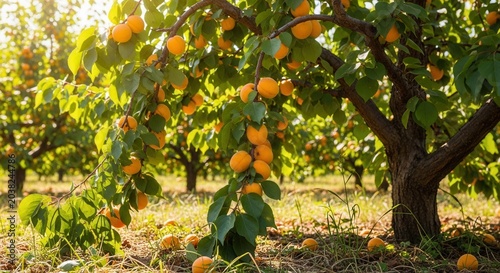 Ripe Apricots Hanging on Tree Branches in an Orchard During Golden Hour.