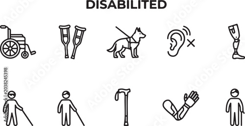 A professional vector graphic illustration set of disability icons featuring wheelchairs crutches guide dogs and prosthetic limbs designed with clean black lines on white background space