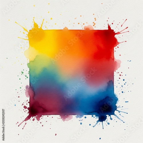 Abstract Watercolor Square with Rainbow Gradient Splatter Art