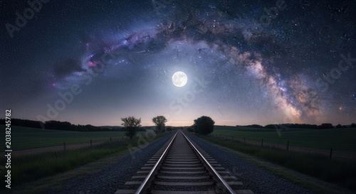 Railway tracks leading to the moon under a starry night sky with the Milky Way.