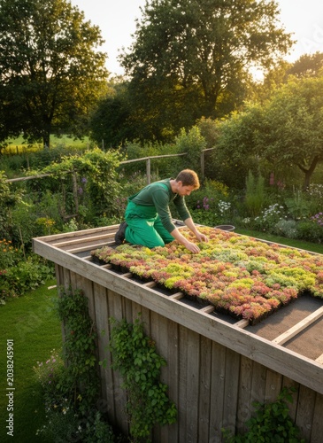 Professional gardener installing a sedum living roof on a wooden garden shed for sustainable architecture, home renovation and ecological landscaping content