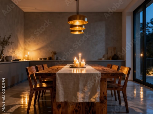 Scandinavian dining room at night with candles lit on the table and warm pendant light