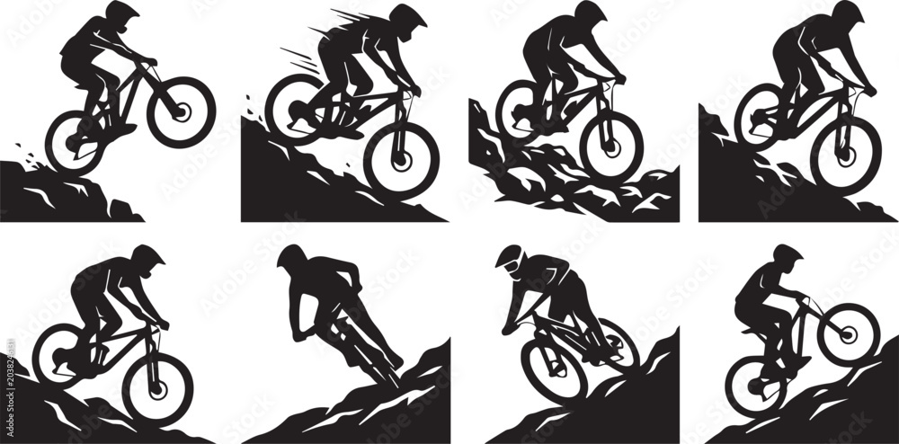 Naklejka premium Mountain biker riding extreme downhill trail on black silhouette vector