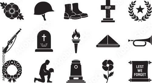 Cuadro en lienzo Detailed set of black vector graphic icons representing military remembrance day