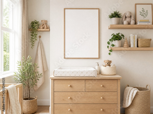 Vertical frame mockup for nursery wall art above changing table in baby room with soft natural light and copy space
