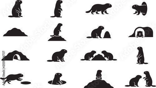 Set of black vector graphic silhouettes depicting various poses of groundhogs and their burrows in a flat minimalist style for modern icon design and creative projects