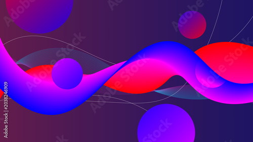 Abstract fluid wave background, purple and red liquid flow, 3D spheres and neon shapes.
