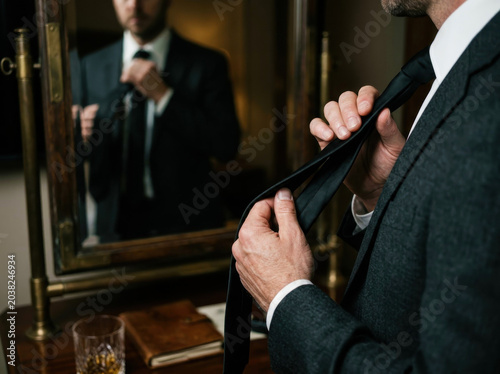 Man Adjusting Black Tie in Front of Vintage Mirror