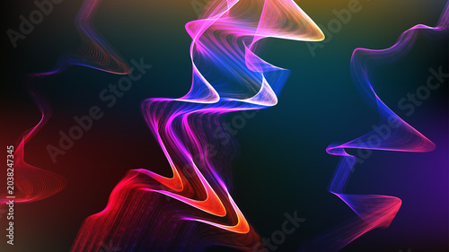 Abstract neon light waves, colorful glowing smoke trails, vibrant digital flow background