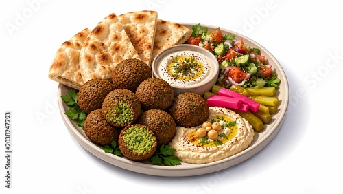Modern 3d isometric render of crispy falafel plate, premium vegan chickpea balls with tahini sauce isolated for high-end dining visuals
