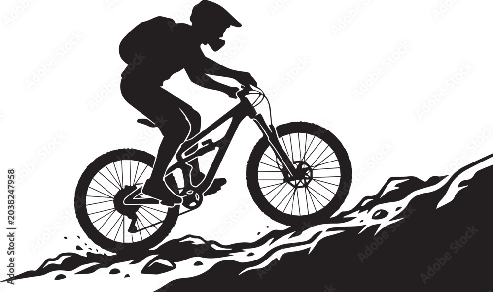 Fototapeta premium Mountain biker riding bike on trail downhill with helmet and backpack