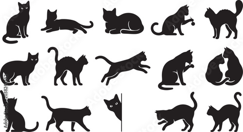 Tableau sur toile Black cat silhouettes in various poses on white background