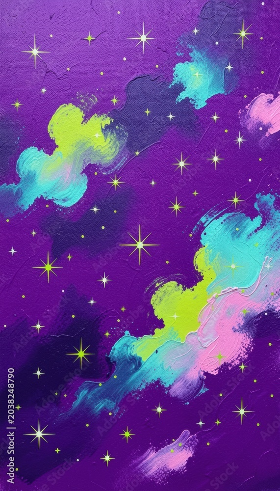 Fototapeta premium Textured purple painted background with colorful oil brush strokes and star forms for artistic wallpaper, creative book cover and abstract cosmic design projects