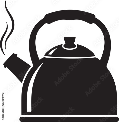 Black kettle icon, steaming tea kettle, kitchen utensil, cooking symbol