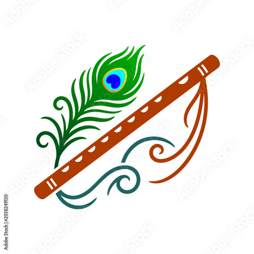 Lord Krishna flute with peacock feather religious art vector illustration