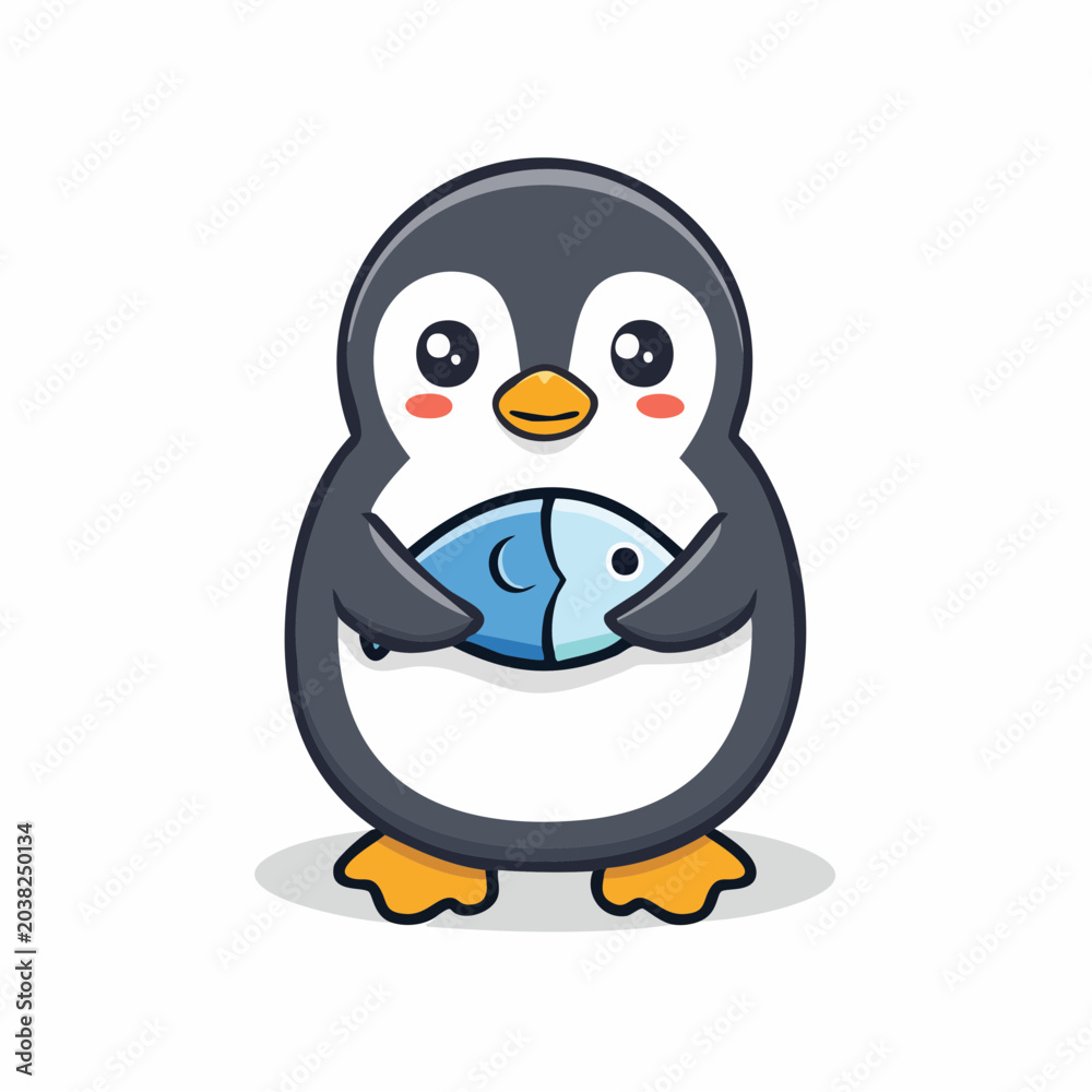 Obraz premium Cute cartoon penguin holding a fish