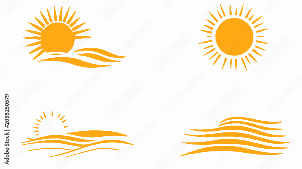 Fototapeta premium Four stylized, orange sun and wave illustrations, arranged on white background