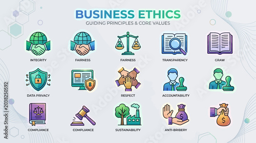 Schilderij op canvas Business ethics icons and concepts illustration on flat design poster with profe