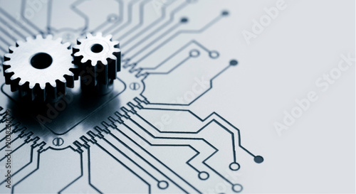 Canvastavla Two metallic gears on a circuit board background with tracks and connections rep