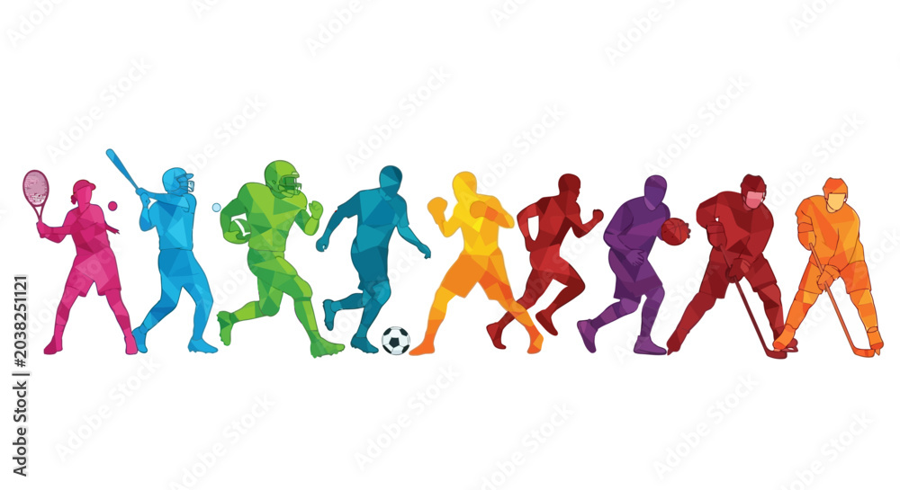 Fototapeta premium Diverse group of athletes engaged in various sports activities, showcasing a vibrant spectrum of physical exertion and athletic pursuits