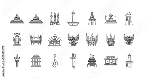 Photos Indonesian landmark line icons set, 21 traditional architecture and cultural sym
