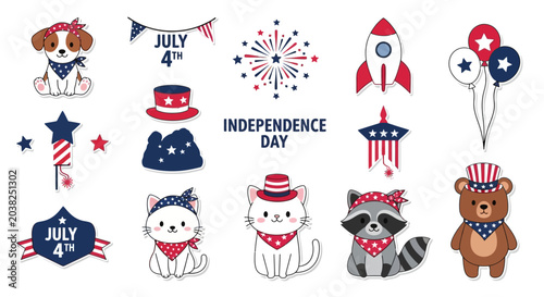 Quadro su tela Independence Day vector sticker set, July 4th patriotic animals and icons, red w