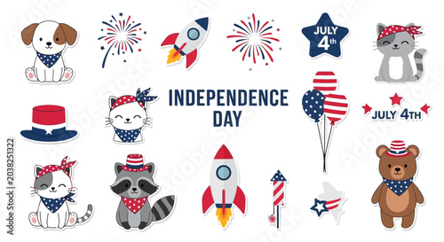 Принти на полотні Patriotic Independence Day vector set, cute 4th of July animals and fireworks, A