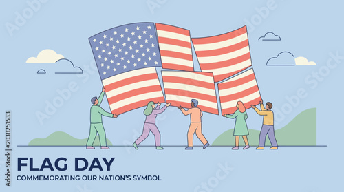 Foto Flag Day illustration featuring a diverse group of people working together to assemble the United States flag, symbolizing national unity and cooperation on a light blue background