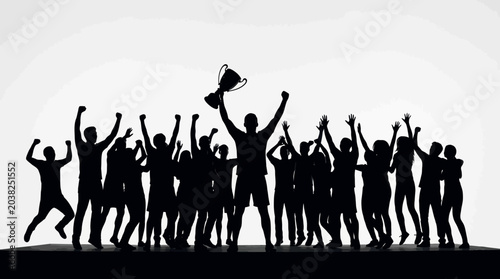 Tableau sur toile Silhouette of a cheering crowd celebrating a major victory with a golden trophy held high by a winner against a clean white background, symbolizing team success and group achievement