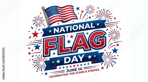 Foto Patriotic National Flag Day Greeting Card with American Flag, Fireworks, and Sta
