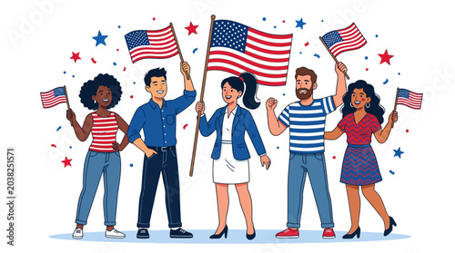 Canvastavla Diverse group of happy American citizens waving United States flags in celebration