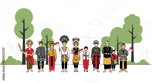 Foto Indonesian traditional clothing collection, diverse ethnic group characters in r