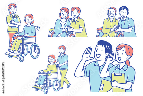 車椅子の患者をサポートする若い介護士のイラスト　ポーズバリエーション