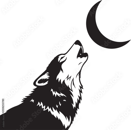 Wolf howling at moon, crescent lunar silhouette, black and white vector, animal illustration, wildlife symbol