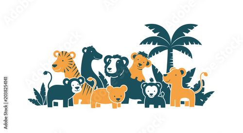 Photography Group of cartoon jungle animals standing.