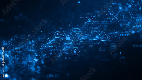 This image depicts a conceptual representation of cybersecurity and digital information protection