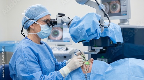 An ophthalmologist performs laser vision correction using special equipment, professional, high-quality and detailed photo on an isolated background.
